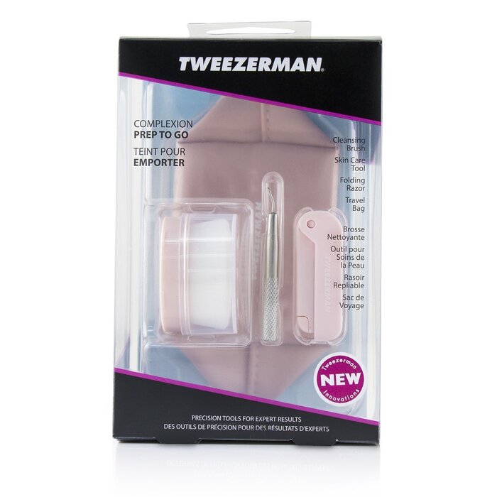 Tweezerman Tweezerman complexion prep to go set with cleansing brush, skincare tool, folding razor, and travel bag (3pcs + 1 bag)