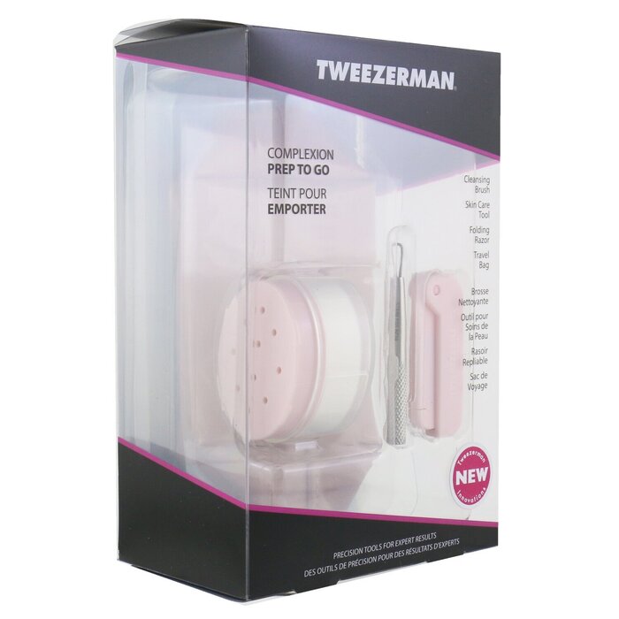 Tweezerman Tweezerman complexion prep to go set with cleansing brush, skincare tool, folding razor, and travel bag (3pcs + 1 bag)