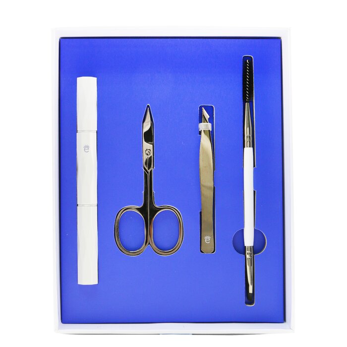 Eyeko brow grooming kit with brow brush, scissors, tweezers, and razor (4pcs + pouch)