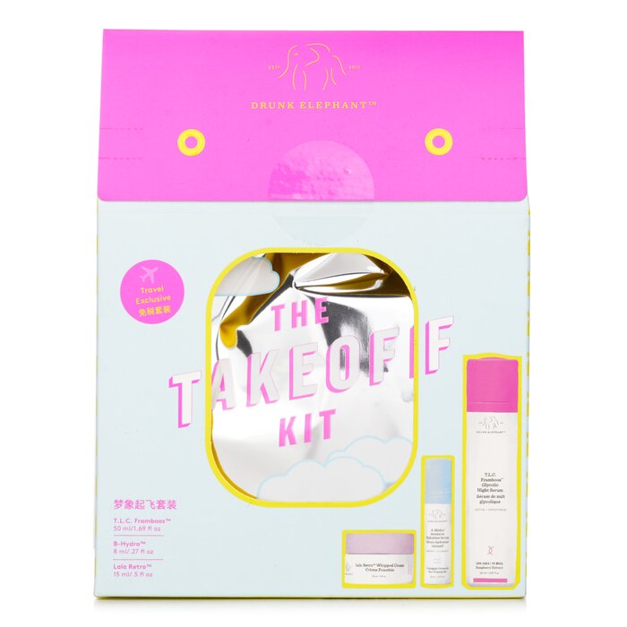 Drunk Elephant TakeOff Kit: T.L.C. Framboos Night Serum 50ml + B-Hydra Serum 8ml + Lala Retro Whipped Cream 15ml
