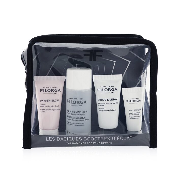 Filorga Radiance boosting heroes set 4pcs: Oxygen glow cream 15ml, micellar solution 50ml, scrub & detox 15ml, pore-express primer 7ml
