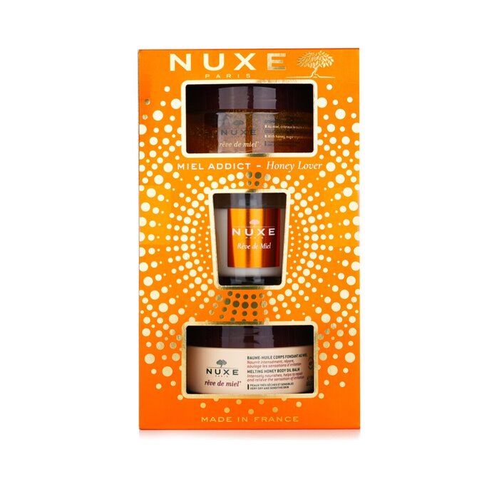 Nuxe honey lover set, 3 pieces: body scrub, body oil balm, and candle