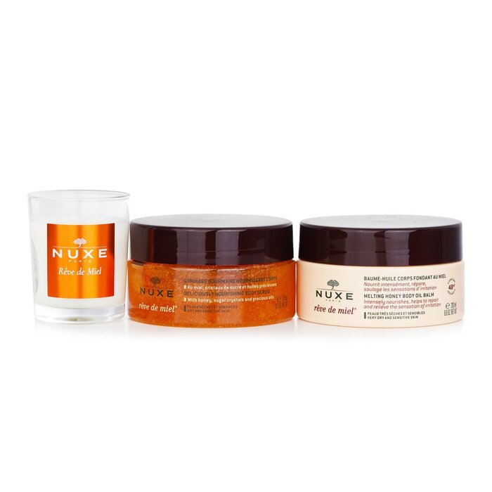 Nuxe honey lover set, 3 pieces: body scrub, body oil balm, and candle