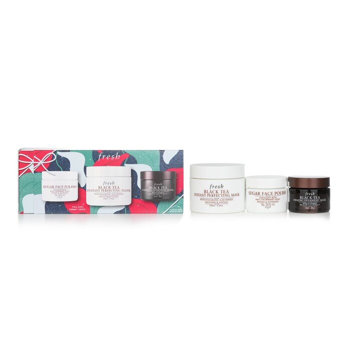 Fresh masking essentials set: sugar face polish, black tea instant perfecting mask 100ml, and black tea firming overnight mask 30ml